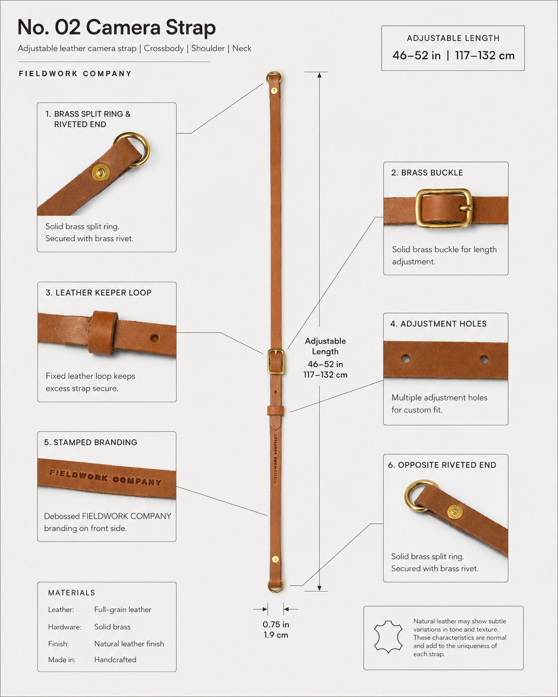 The No. 02 - Crossbody Leather Camera Strap 46–52”