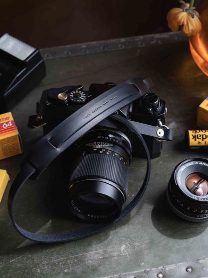 BlackLeather Camera Strap handmade in canada by Fieldwork Company